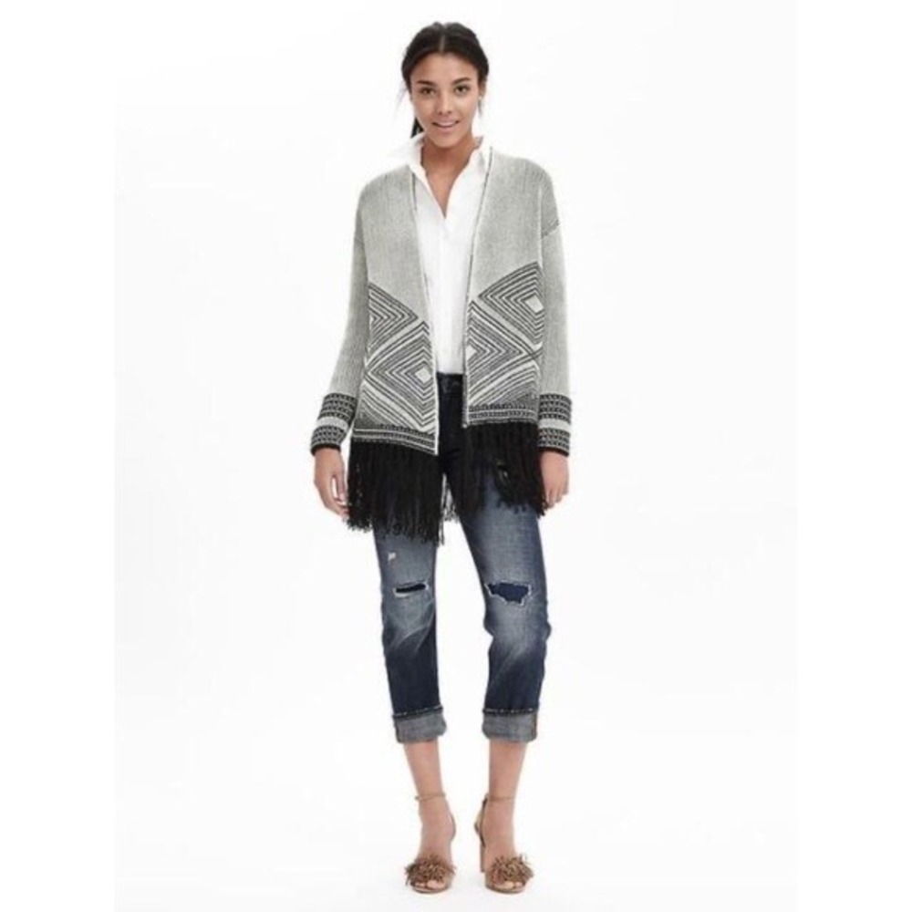 BANANA REPUBLIC L Aztec Fringe Cardigan Black‎ White Longline Cotton Wool Blend